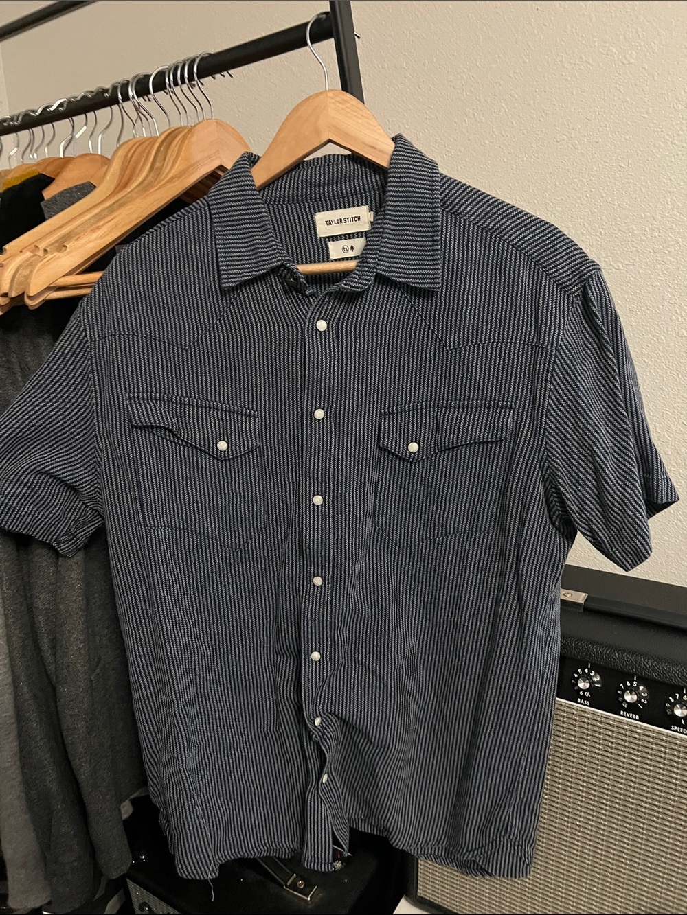Taylor Stitch Black and White Pinstripe Short-Sleeve Western Shirt